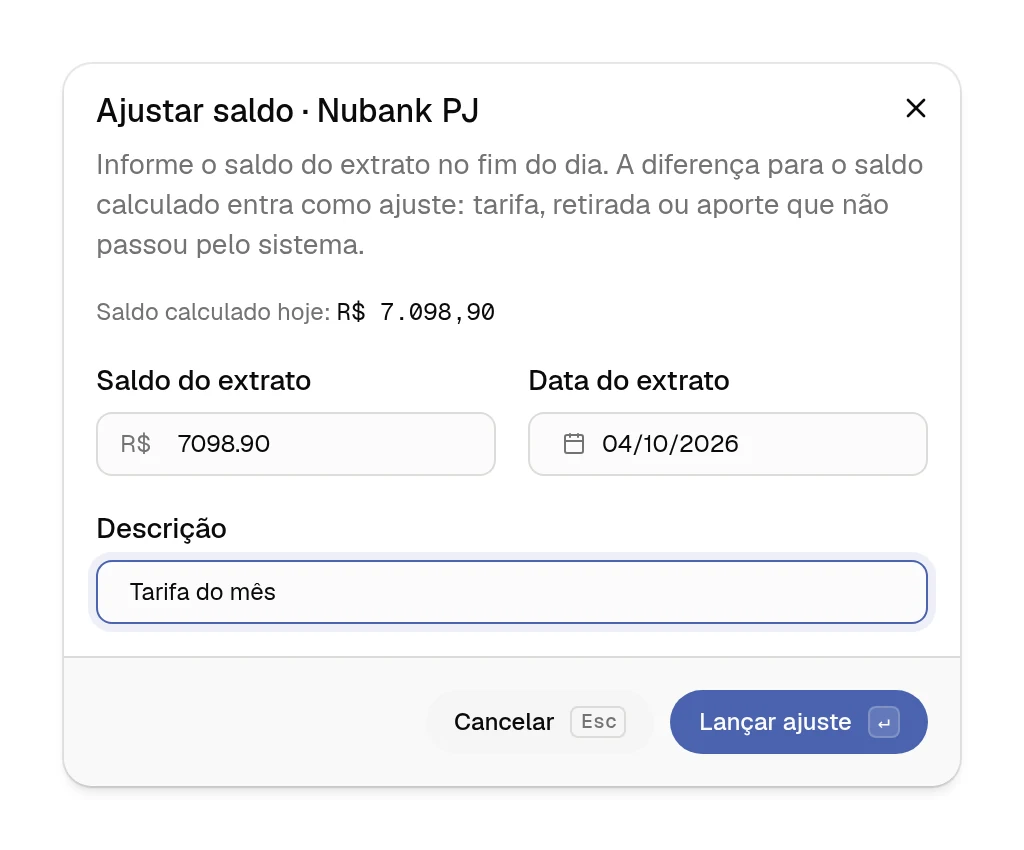 Diálogo Ajustar saldo do Nicell, com o saldo do extrato, a data e a descrição.