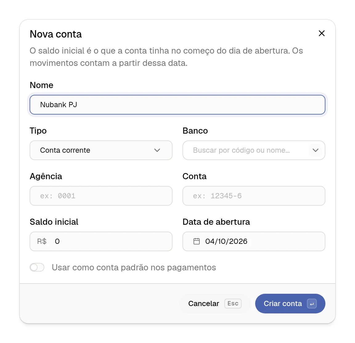 Diálogo Nova conta do Nicell, com nome, tipo, banco, agência, conta, saldo inicial e data de abertura.