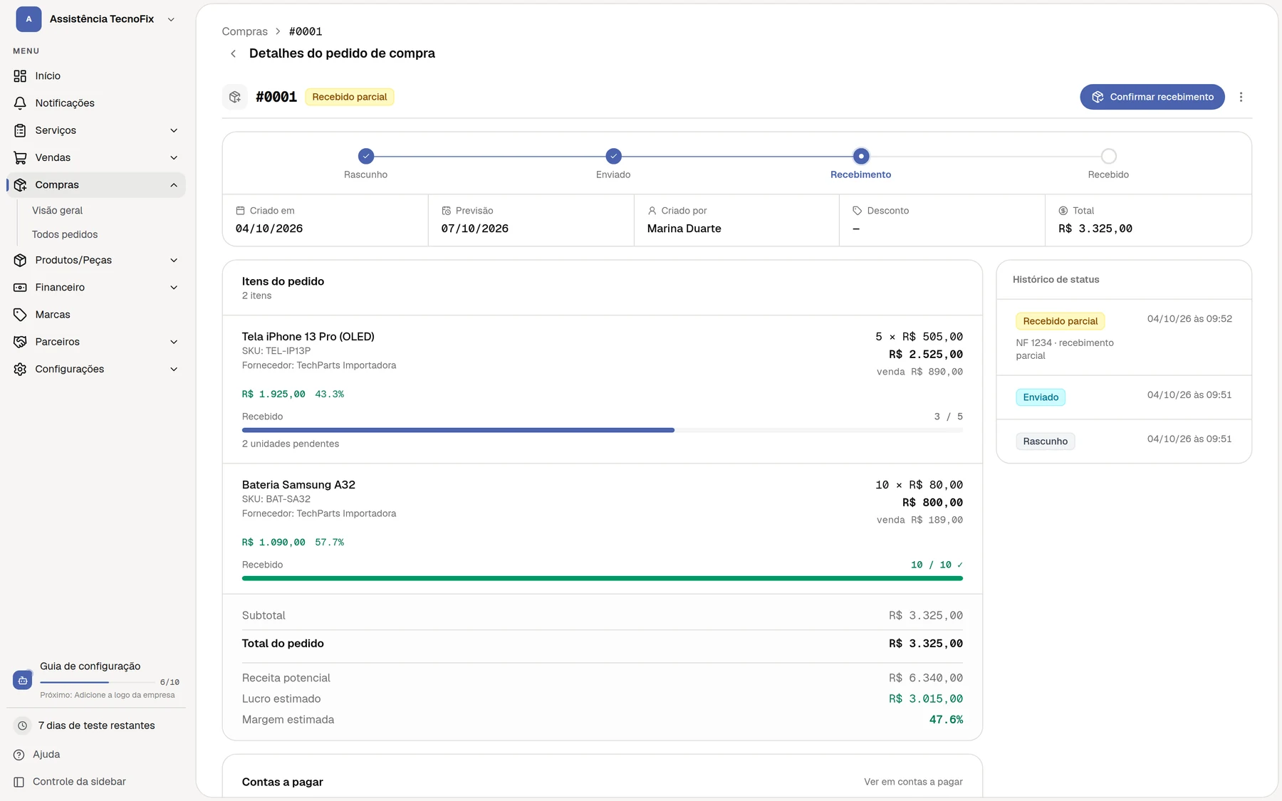 Página de um pedido de compra recebido parcialmente, com a linha do tempo, os itens e o histórico de status.