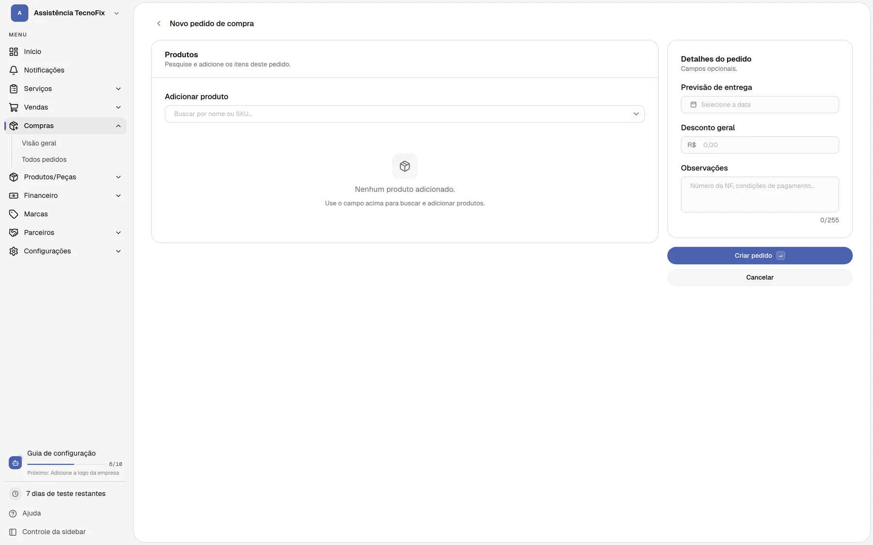Formulário Novo pedido de compra do Nicell.