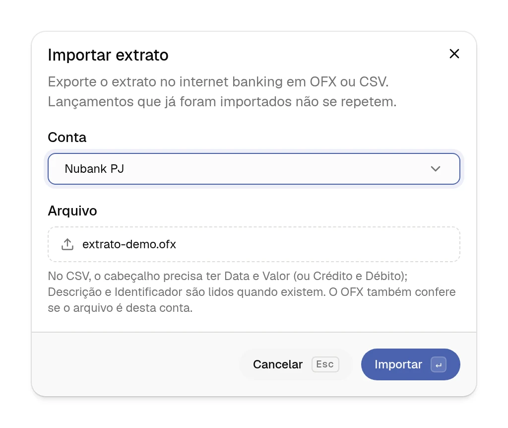 Diálogo Importar extrato do Nicell, com a conta escolhida e um arquivo OFX selecionado.