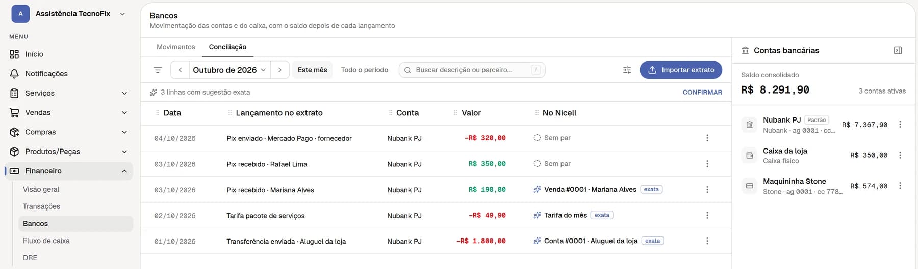 Visão Conciliação da tela Bancos, com as linhas do extrato importado e o que o Nicell encontrou para cada uma.