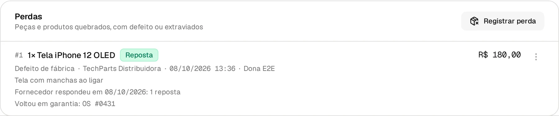 Bloco Perdas da OS original no Nicell, com a perda da tela, a resposta do fornecedor e o aviso de que a peça voltou em garantia na OS 0431.