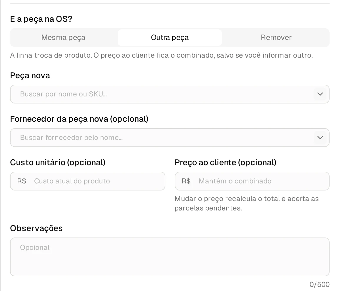 Pergunta E a peça na OS? do painel de perda do Nicell, com Outra peça escolhida e os campos da peça nova, do fornecedor, do custo e do preço ao cliente.