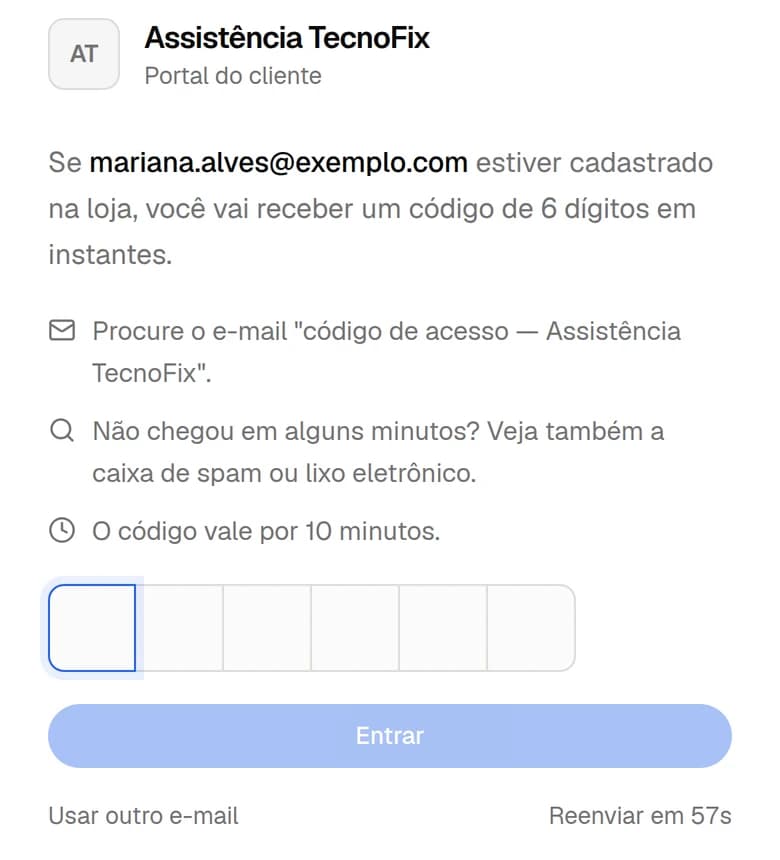 Tela de código de acesso do portal do cliente, com os seis campos do código.