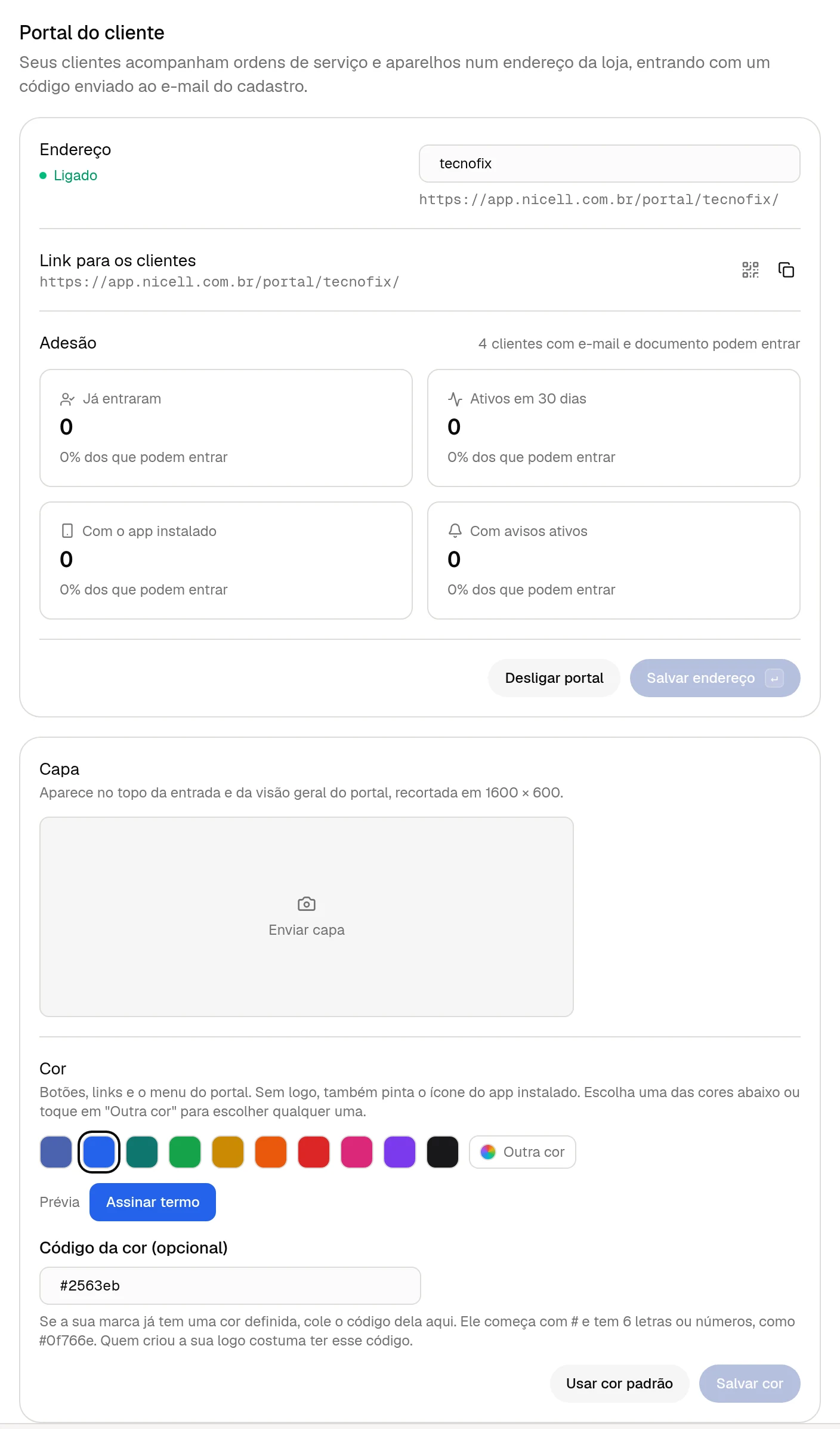 Cartão Portal do cliente, com endereço, link, adesão e aparência.