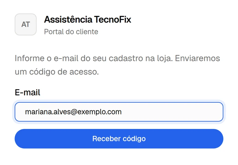 Tela de entrada do portal do cliente, com o campo de e-mail e o botão Receber código.