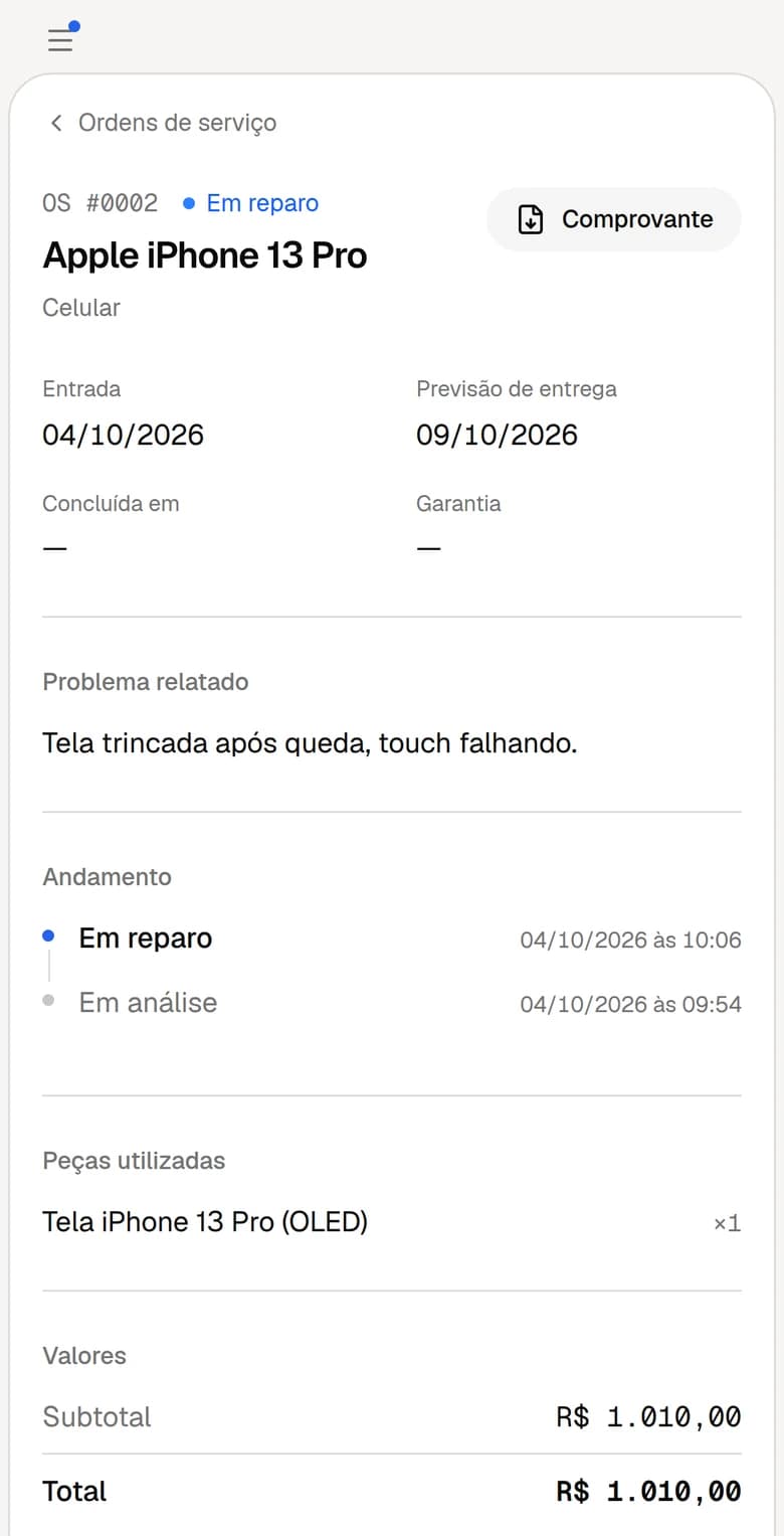 Portal do cliente no celular, com a ordem de serviço, o andamento, as peças usadas e os valores