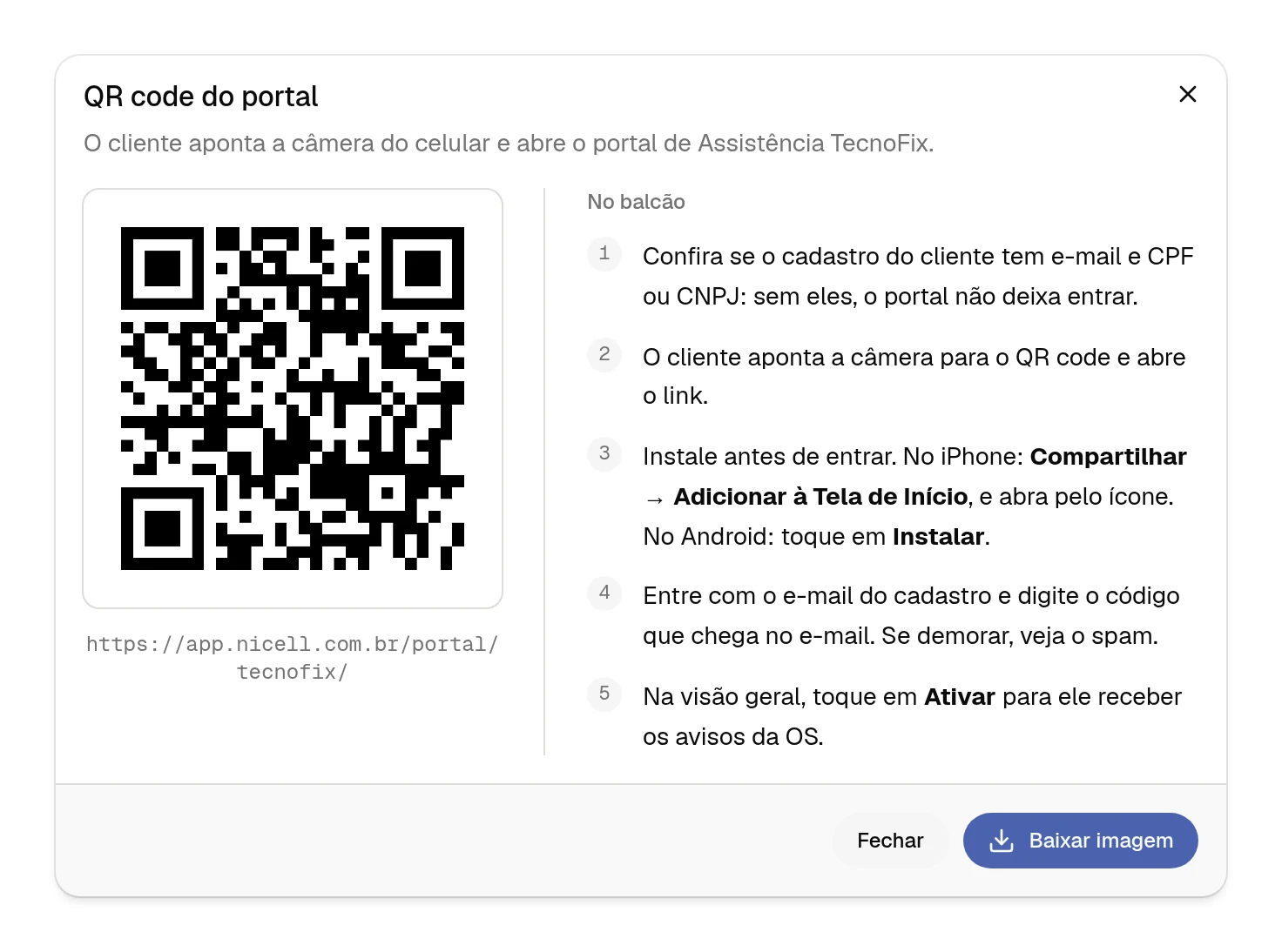 Diálogo QR code do portal, com o QR code, o endereço e o roteiro para o balcão.