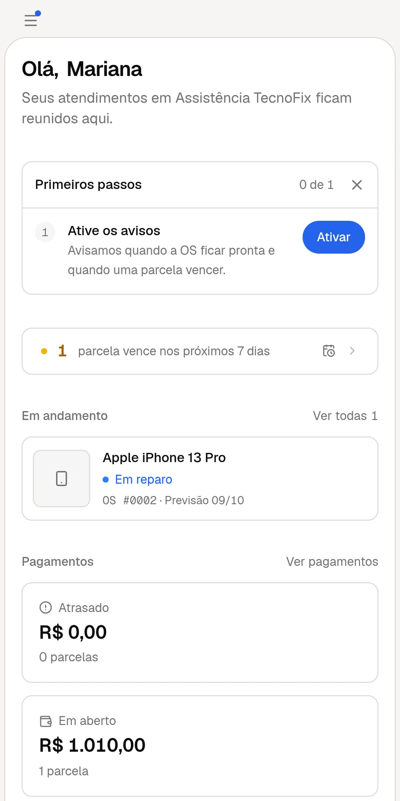Visão geral do portal do cliente no celular, com a ordem de serviço em andamento e os pagamentos.