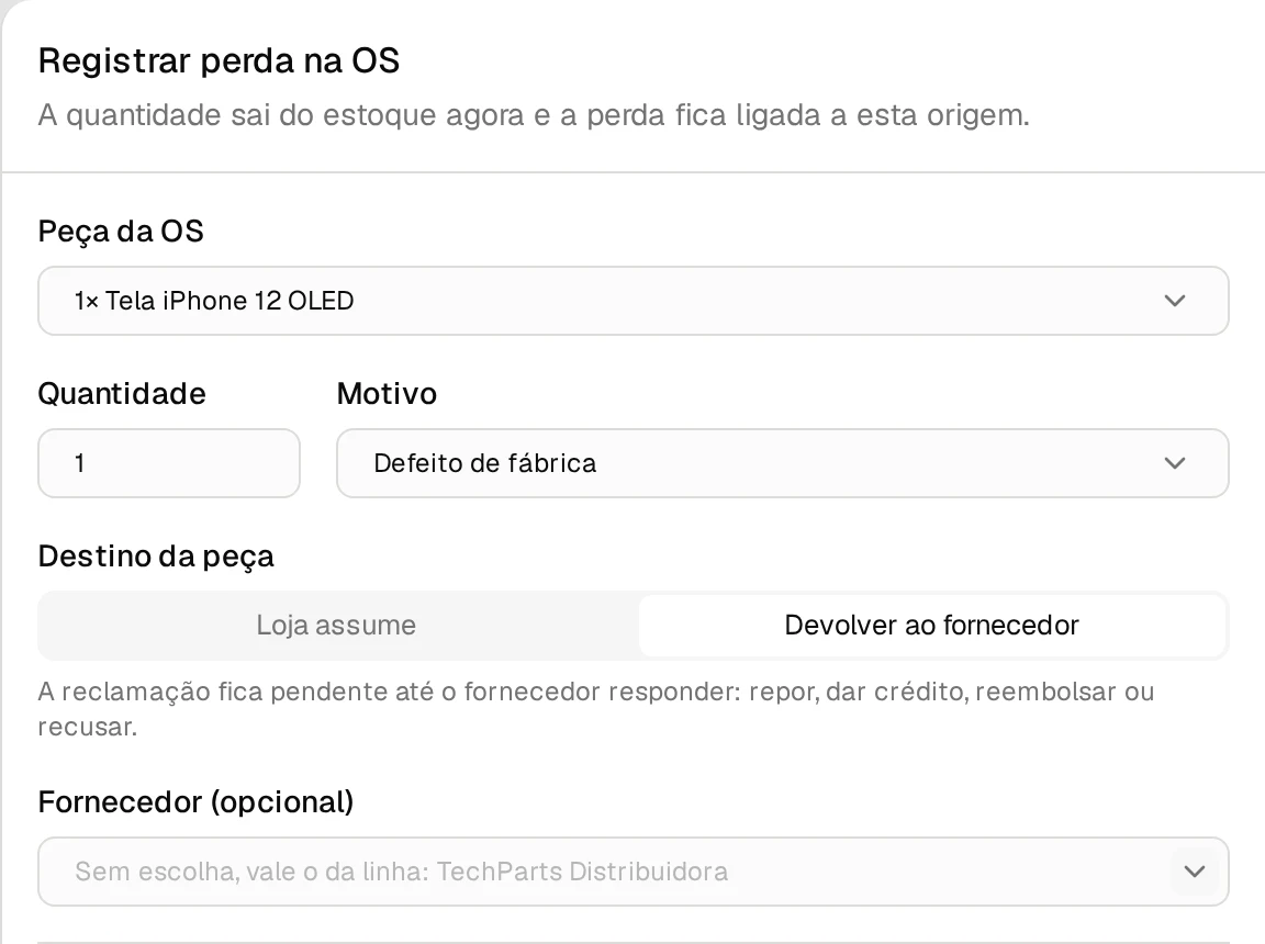 Painel Registrar perda na OS do Nicell, com a peça da OS, a quantidade, o motivo Defeito de fábrica e o destino Devolver ao fornecedor.