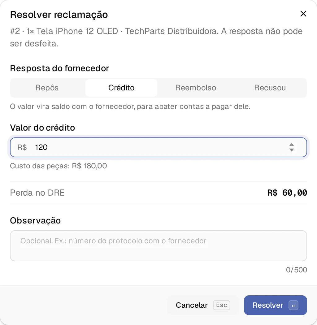 Diálogo Resolver reclamação do Nicell, com Crédito escolhido, o valor do crédito, o custo das peças e a perda no DRE.