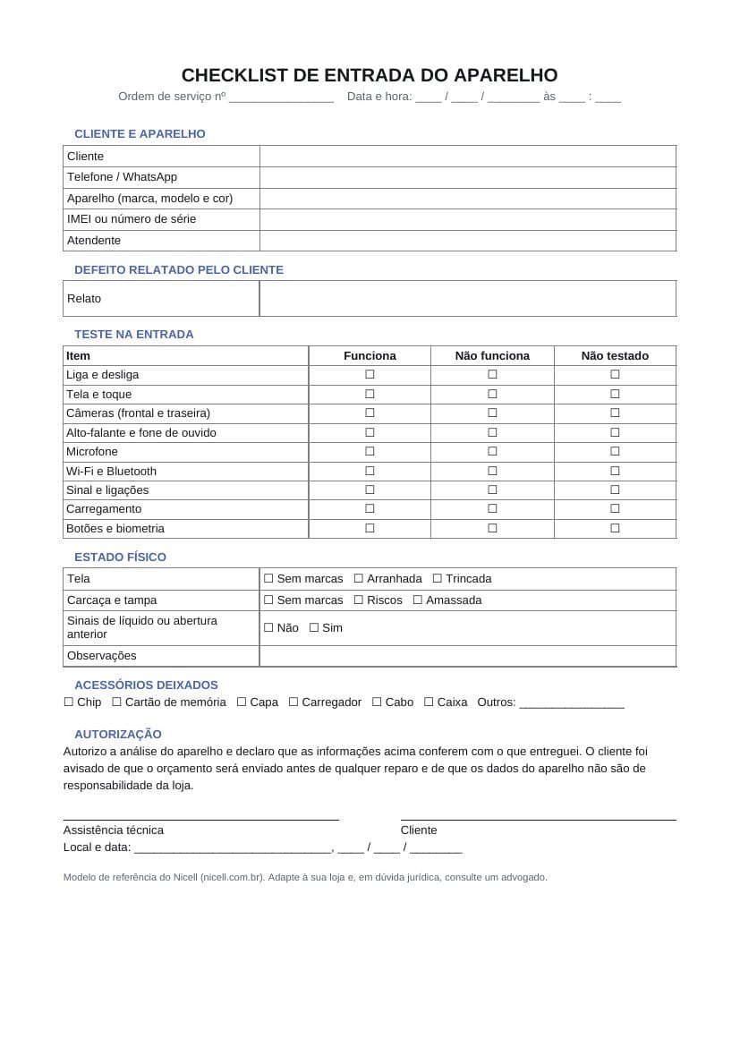 Primeira página do modelo Checklist de entrada do aparelho