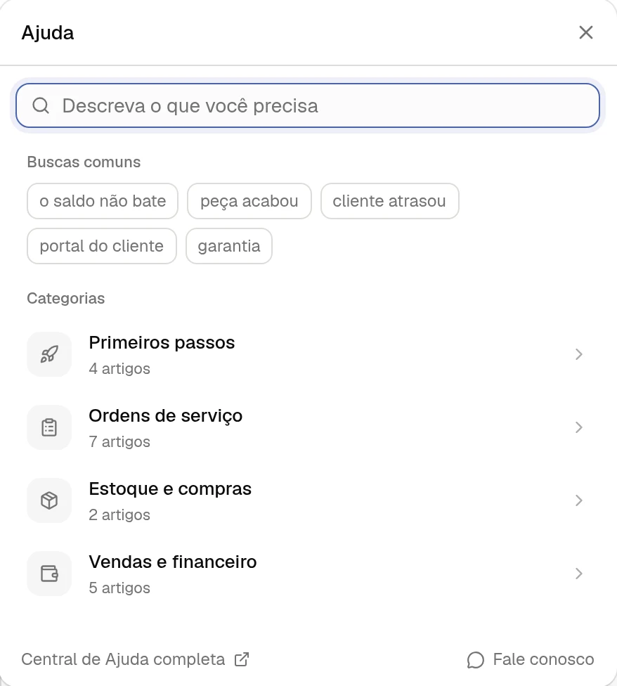 Painel de ajuda aberto no admin, com campo de pesquisa, buscas comuns e as categorias de guias